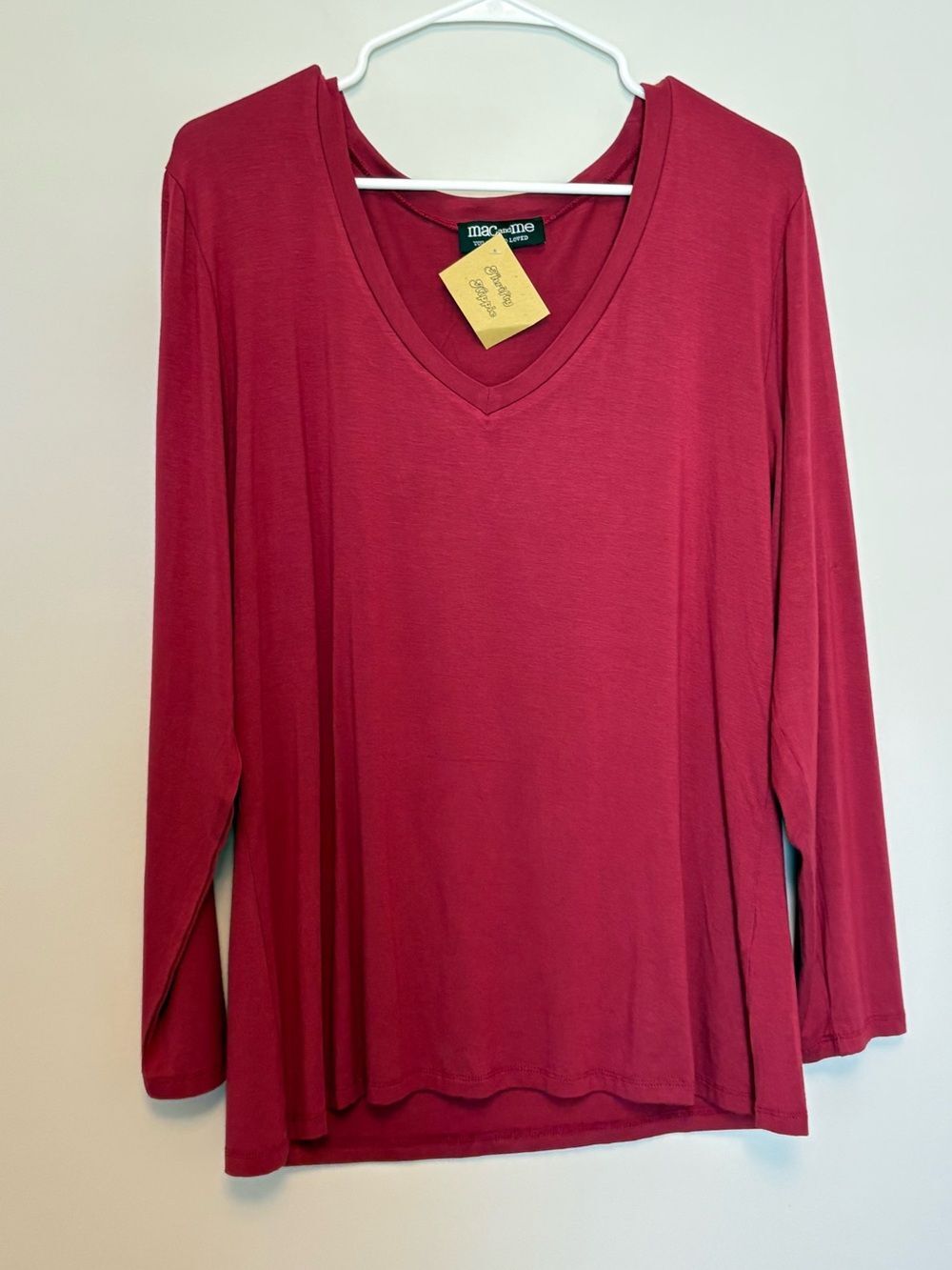 Mac and Me V-Neck Long Sleeve Top Burgundy Red Soft Knit Essential Minimalist XL